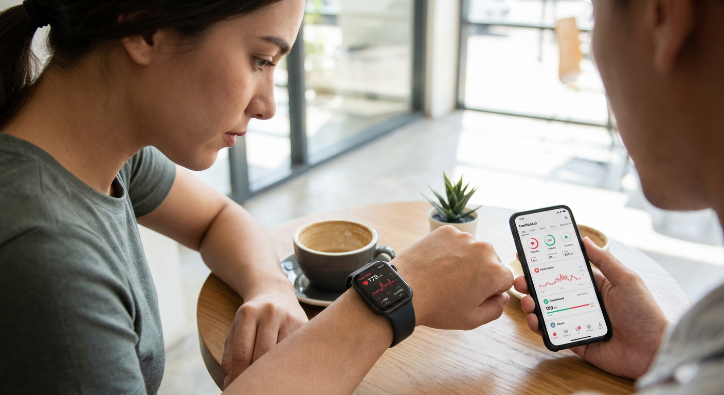A person checking their health stats on a smartwatch and smartphone app.