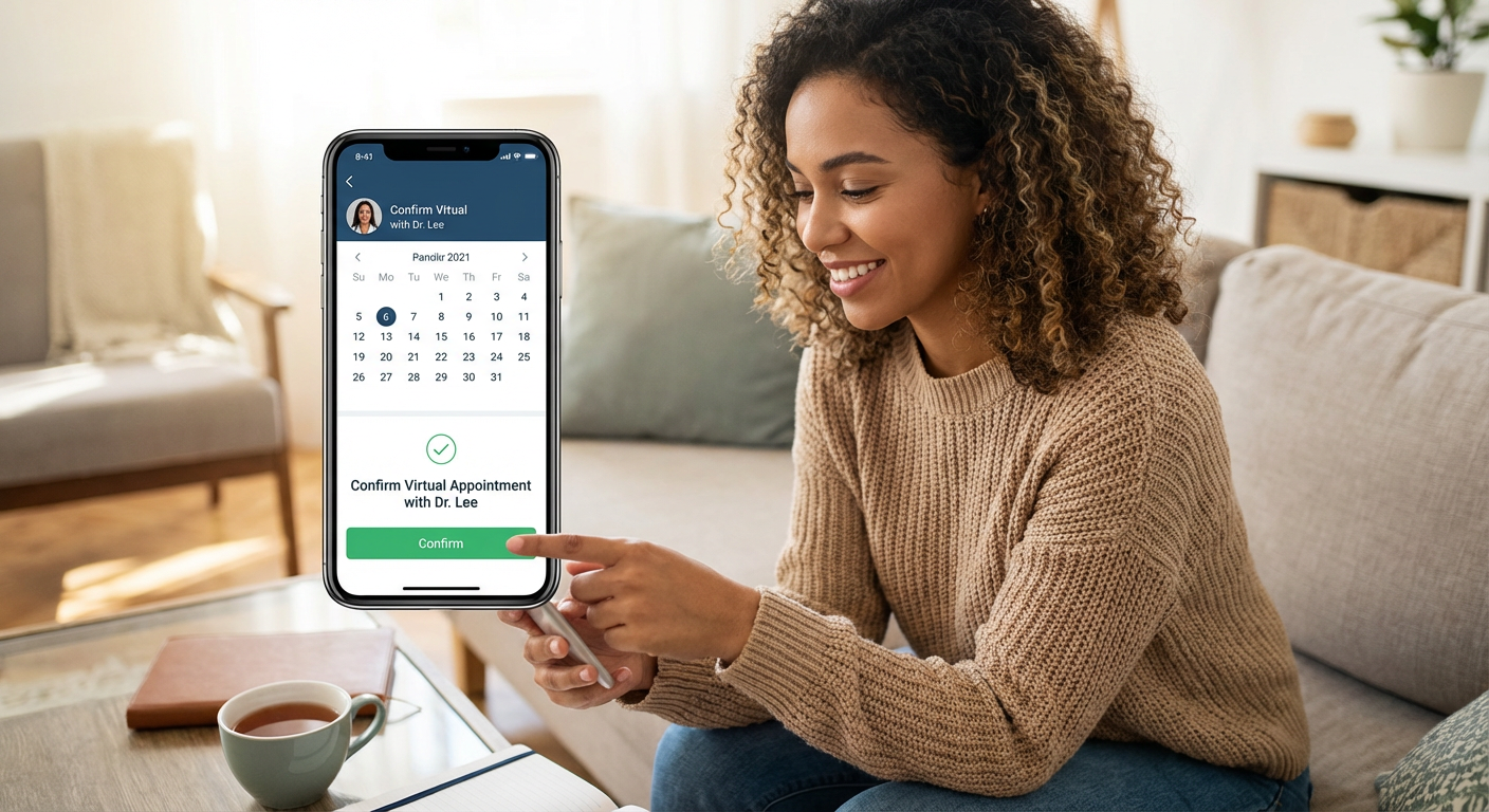 A person using a smartphone app to schedule a virtual doctor's appointment.