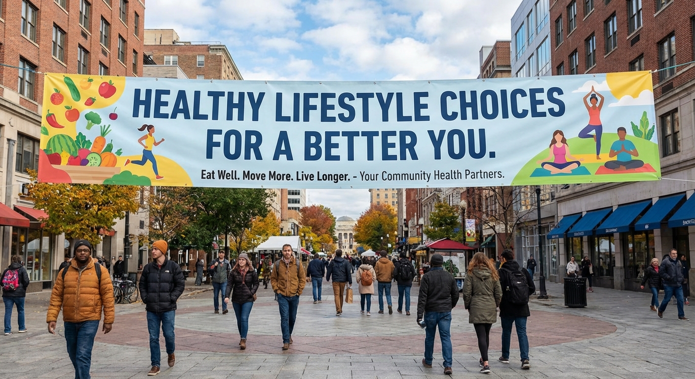 A public health campaign banner promoting healthy lifestyle choices.