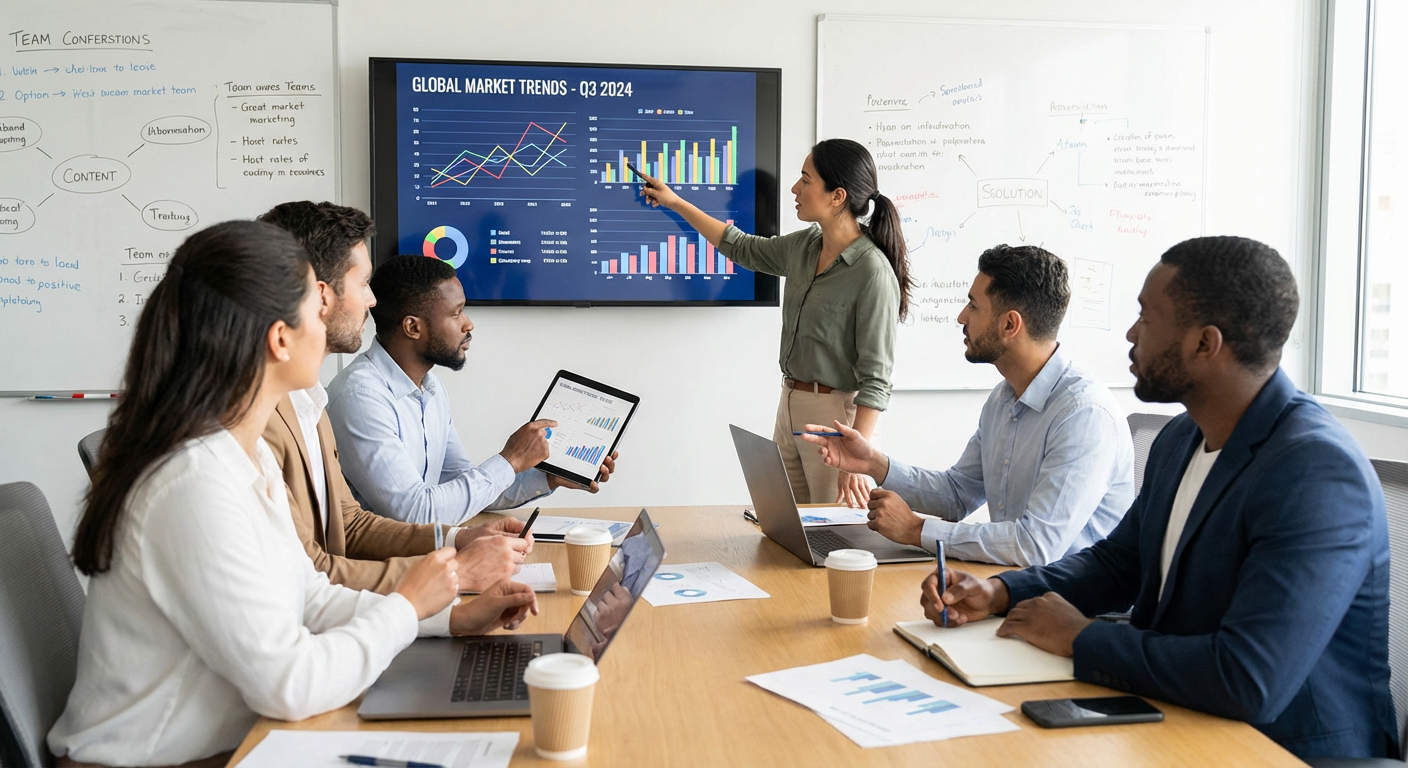 A team collaborating and discussing market trend charts.