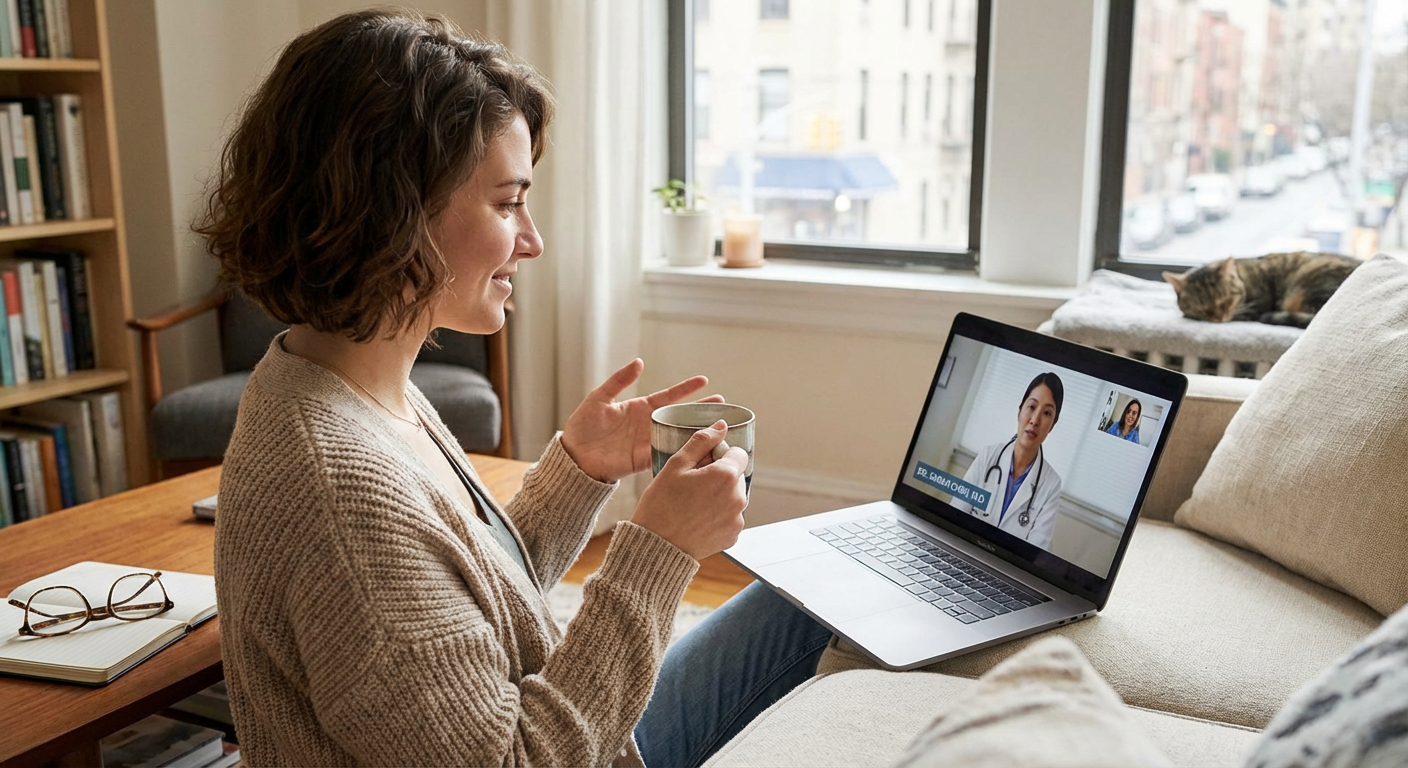 A young professional having a telemedicine consultation on her laptop at home.