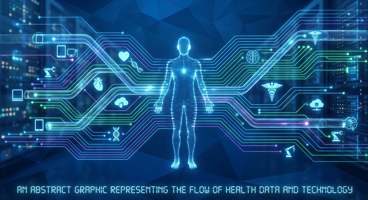 An abstract graphic representing the flow of health data and technology.