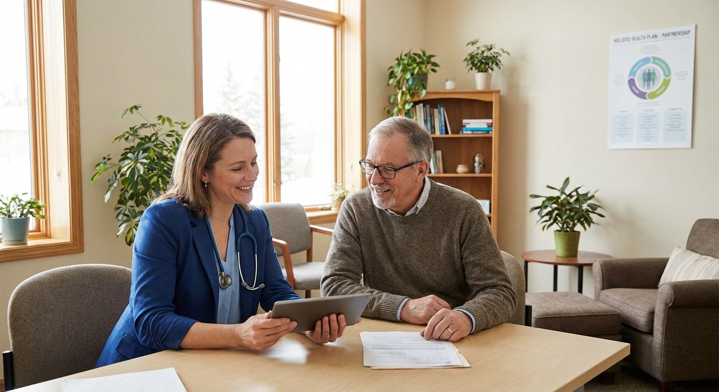 A doctor and patient discussing a health plan together in a friendly clinic environment.