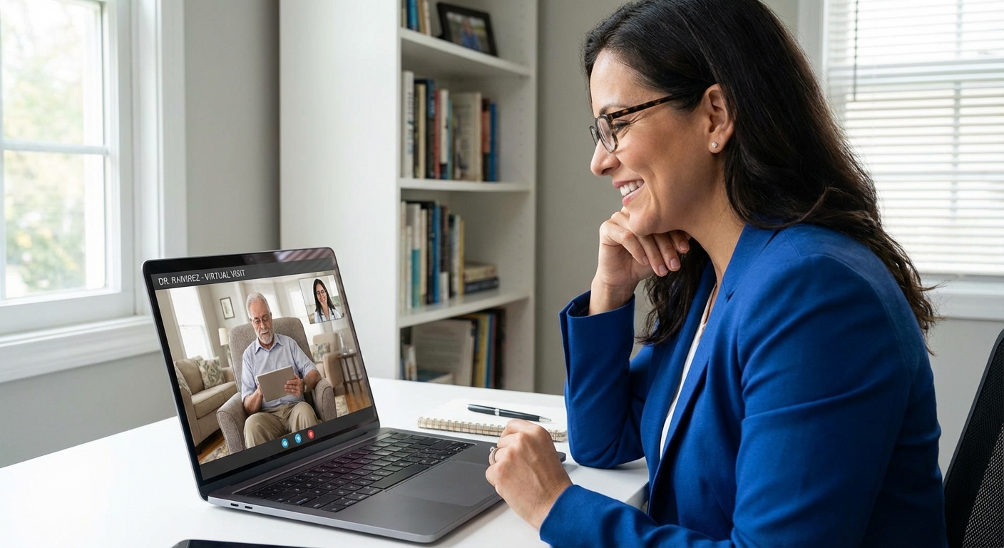 A doctor consulting with a patient via a video call on a laptop.