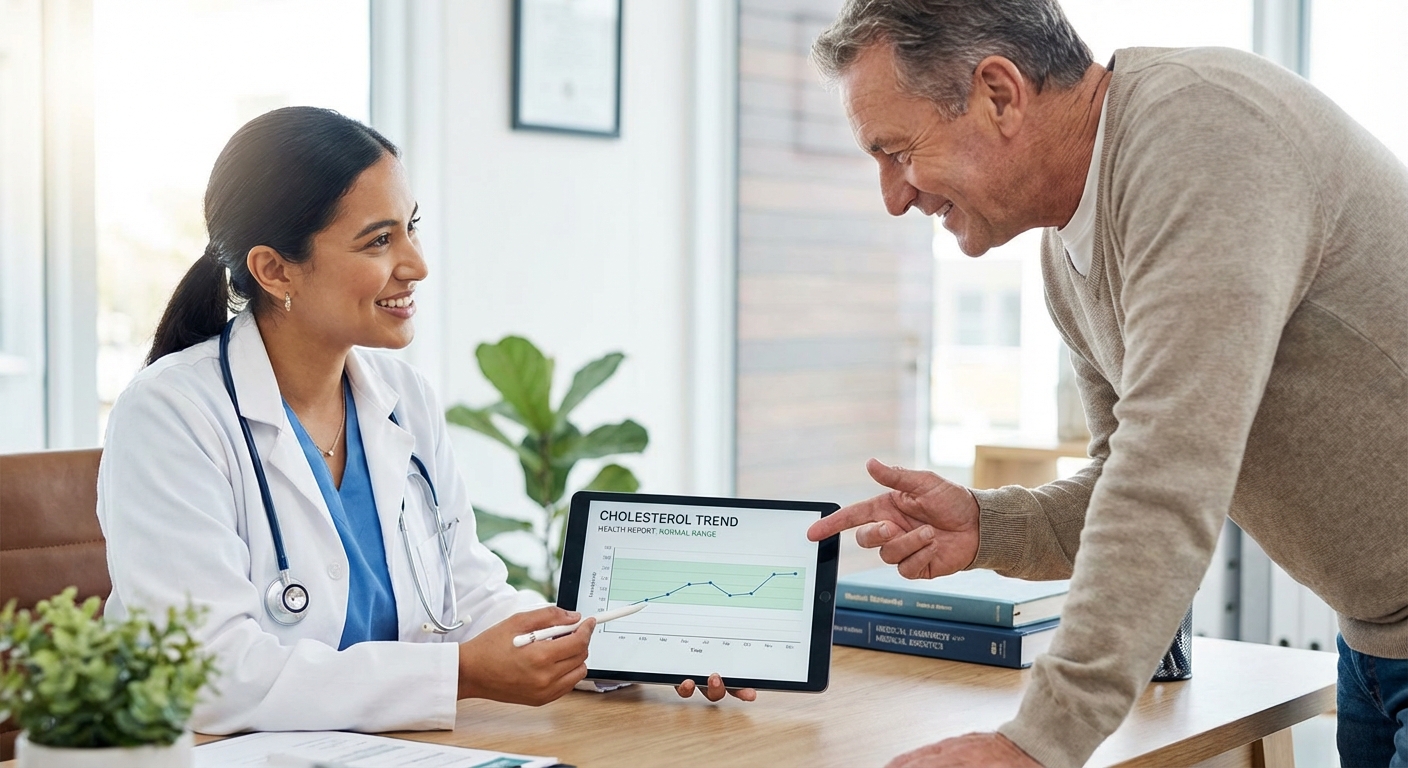 A doctor explaining a health report on a tablet to an engaged patient.