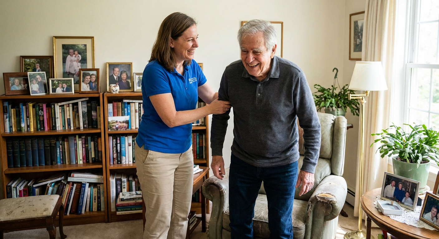 A friendly caregiver assisting an elderly person at home.