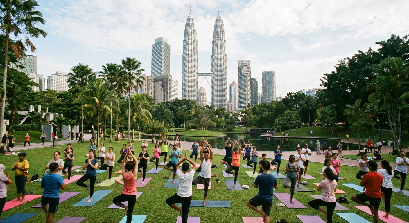 A group of people participating in an outdoor yoga class in a park in Kuala Lumpur.