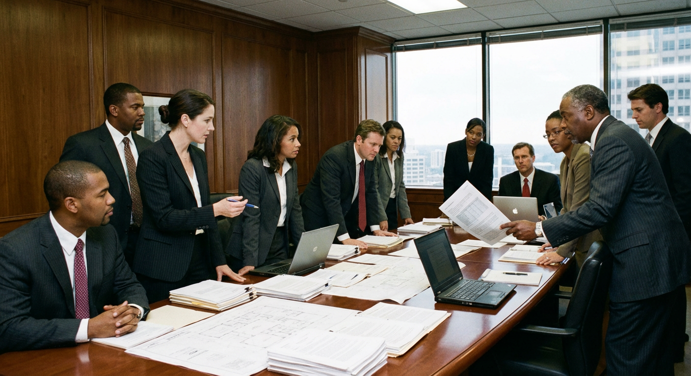 A group of professionals in a formal meeting, discussing documents around a large table.