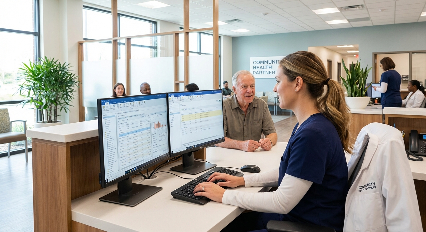A healthcare professional updates a patient's Electronic Medical Record on a computer in a modern clinic.