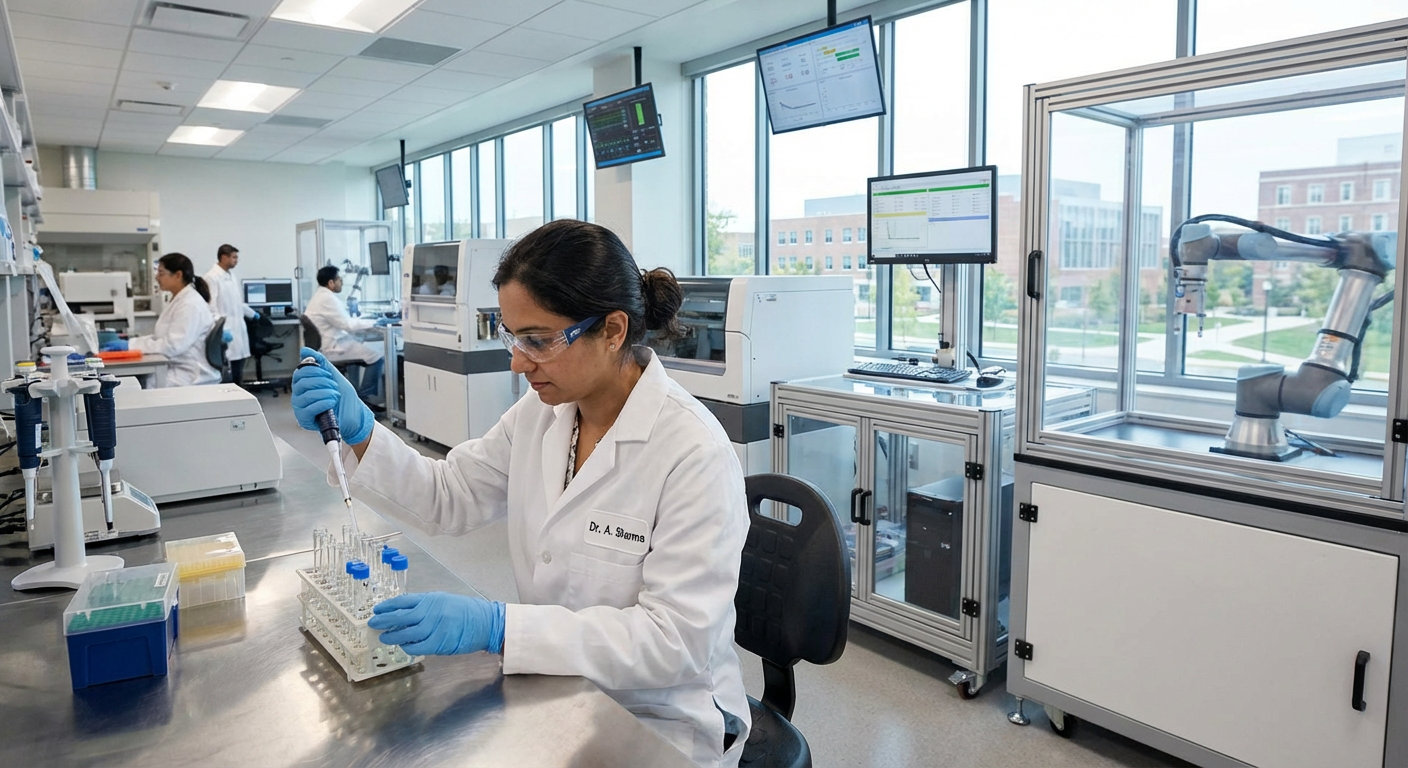 A laboratory technician carefully handling test tubes in a modern lab setting.