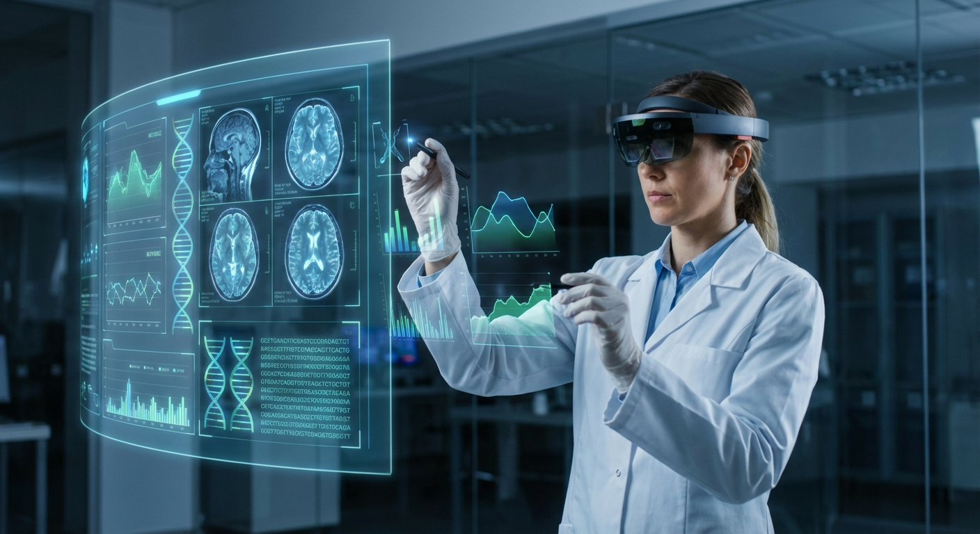 A medical professional analysing data on a futuristic interface.