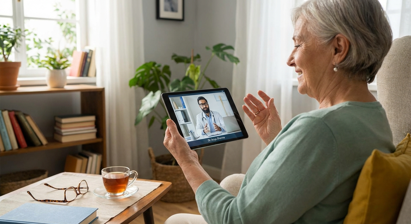A patient consulting with a doctor via a video call on a tablet.