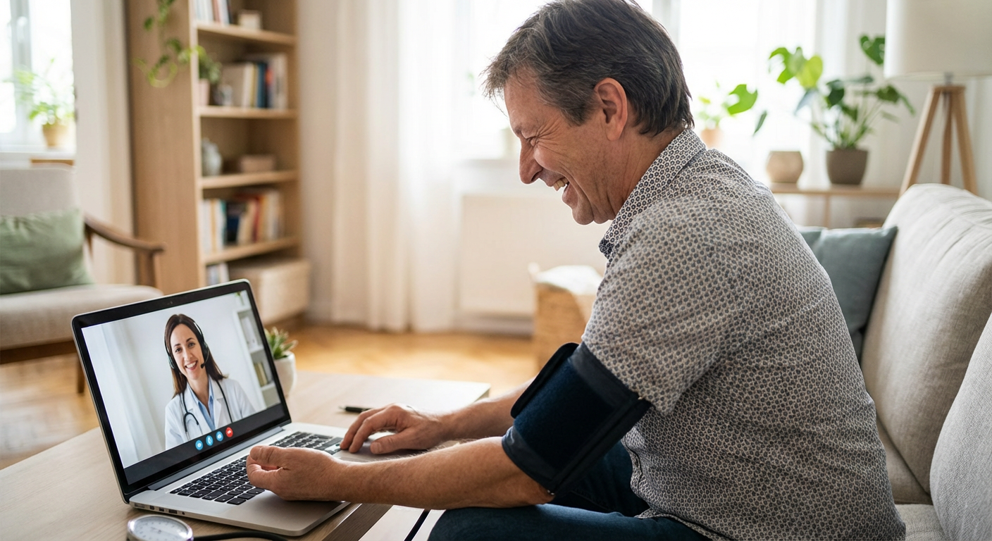 A patient engaged in a telehealth consultation with a doctor on a laptop.