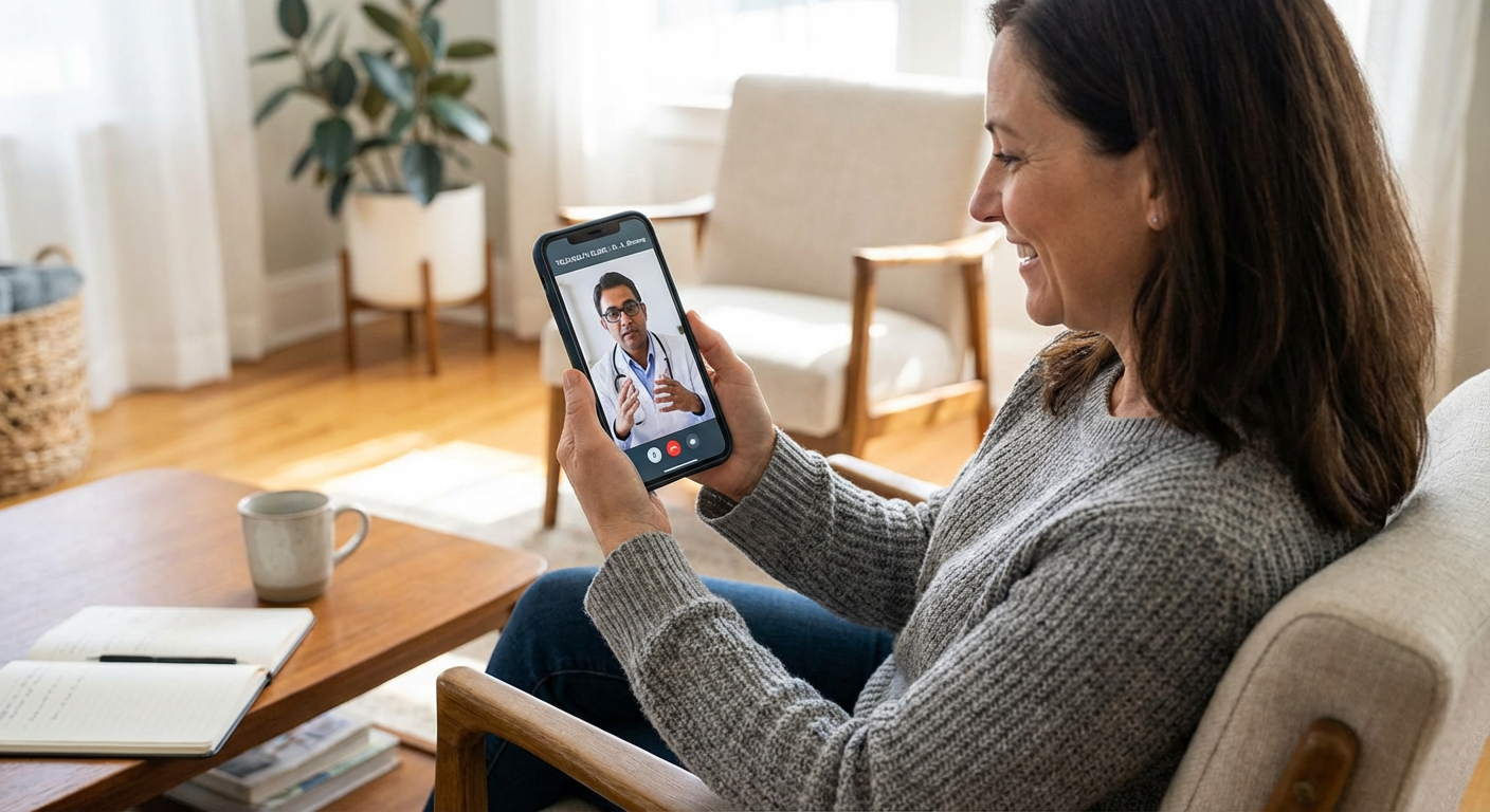 A person using a smartphone for a telehealth consultation with a doctor.