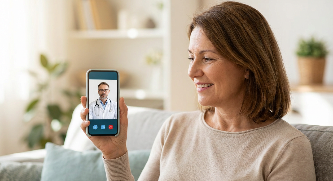 A person using a smartphone for a telemedicine consultation with a doctor.