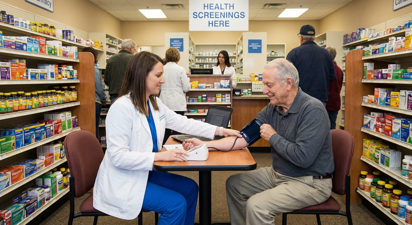A pharmacist conducting a health screening for a customer in a community pharmacy.
