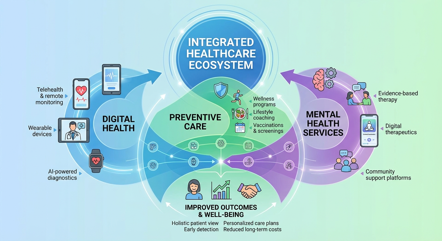 An infographic showing the integration of digital health, preventive care, and mental health services.