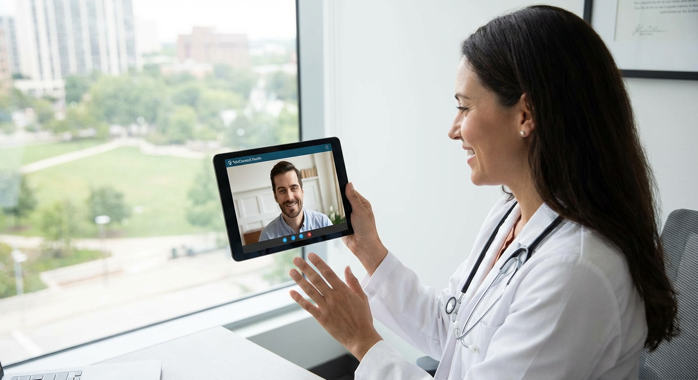A doctor consulting with a patient via a tablet, showcasing telemedicine.