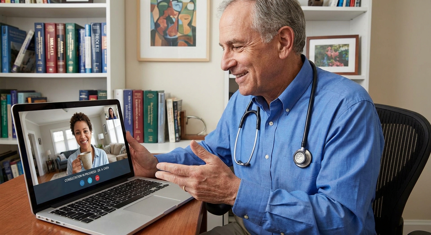 A doctor consults with a patient via a video call on a laptop.
