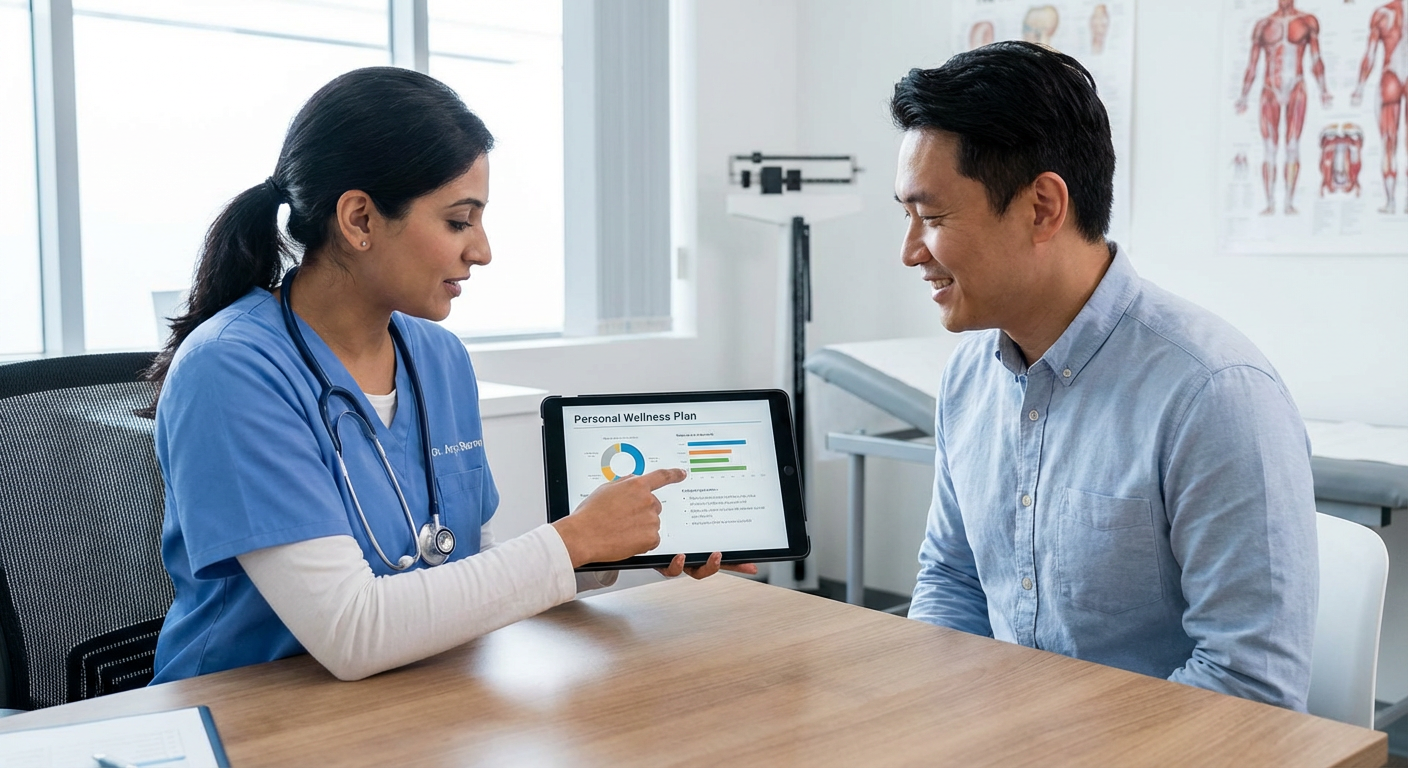 A doctor explaining a health plan to a patient on a tablet.