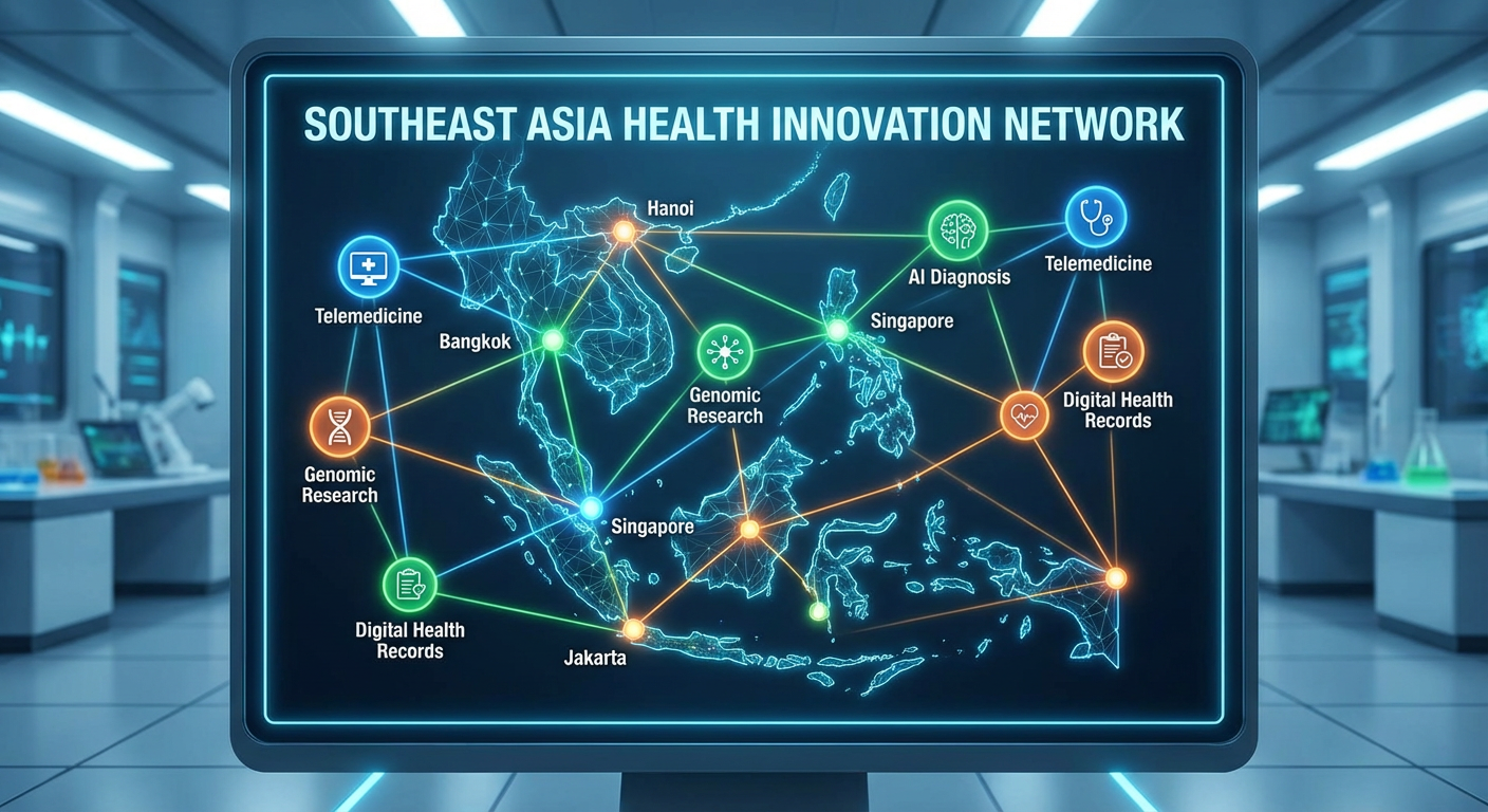 A graphic showing interconnected data points, representing health innovation in Southeast Asia.