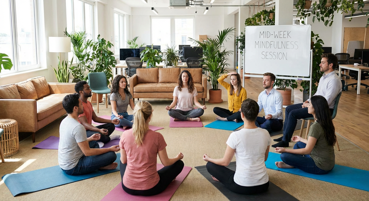 A group of colleagues in a calm office setting, participating in a wellness activity.