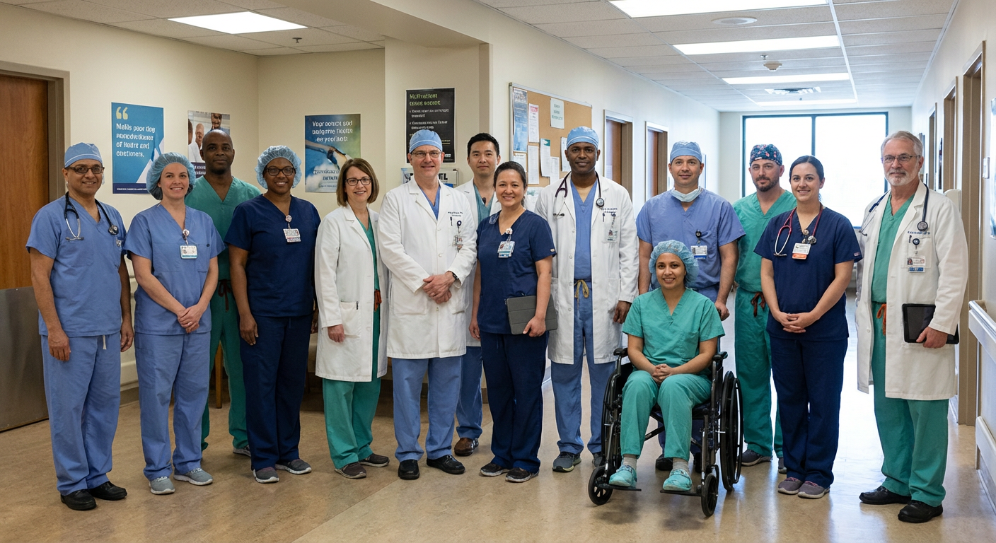 A group of diverse healthcare professionals standing together in a hospital hallway.