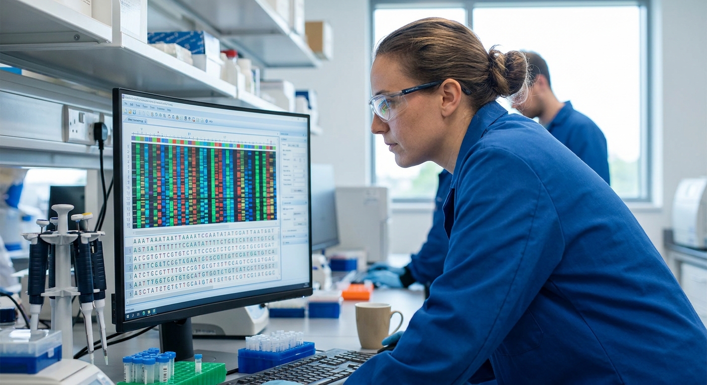 A lab technician examining a DNA sequence on a computer screen.
