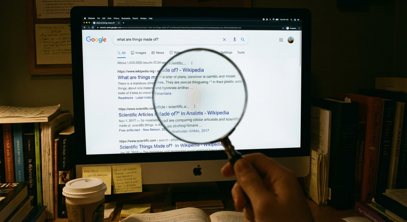 A magnifying glass over a computer screen showing search results.
