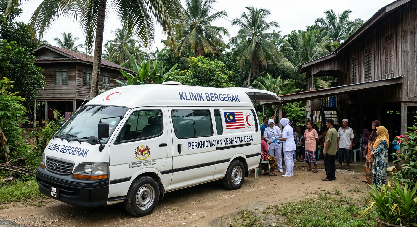 A mobile health clinic van parked in a rural Malaysian village setting.