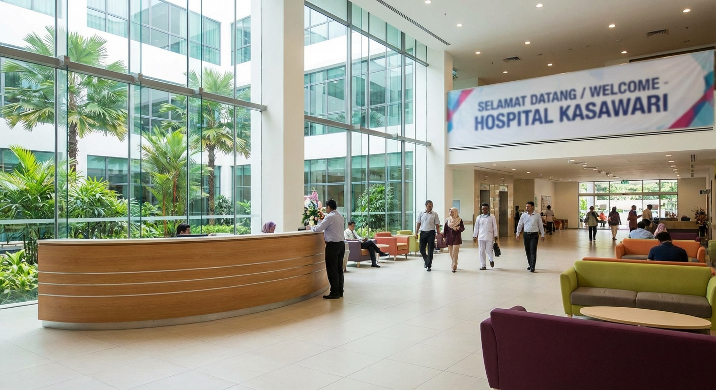 A modern and welcoming hospital lobby in Malaysia.