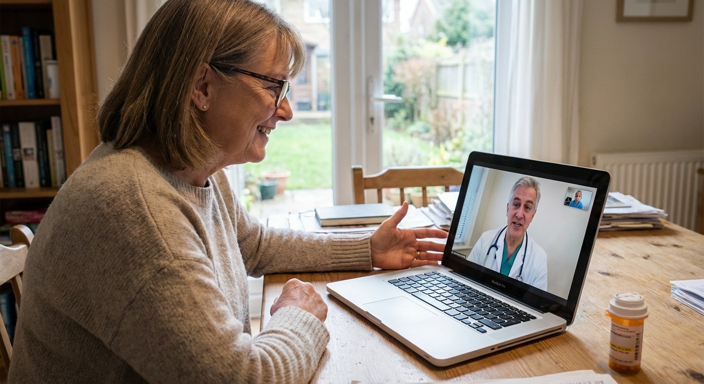 A patient consulting with a doctor via a video call on a laptop.