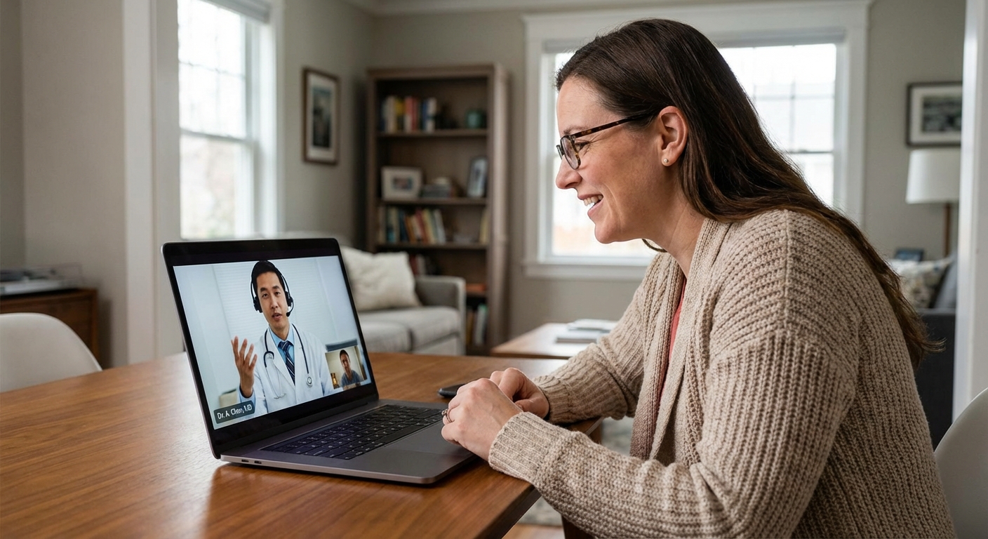 A patient consulting with a doctor via a video call on a laptop.