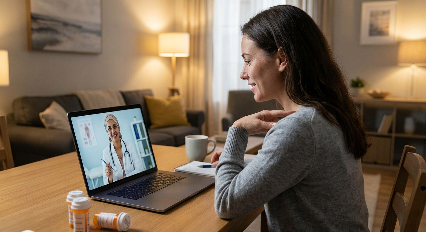 A patient consulting with a doctor via a video call on a laptop.