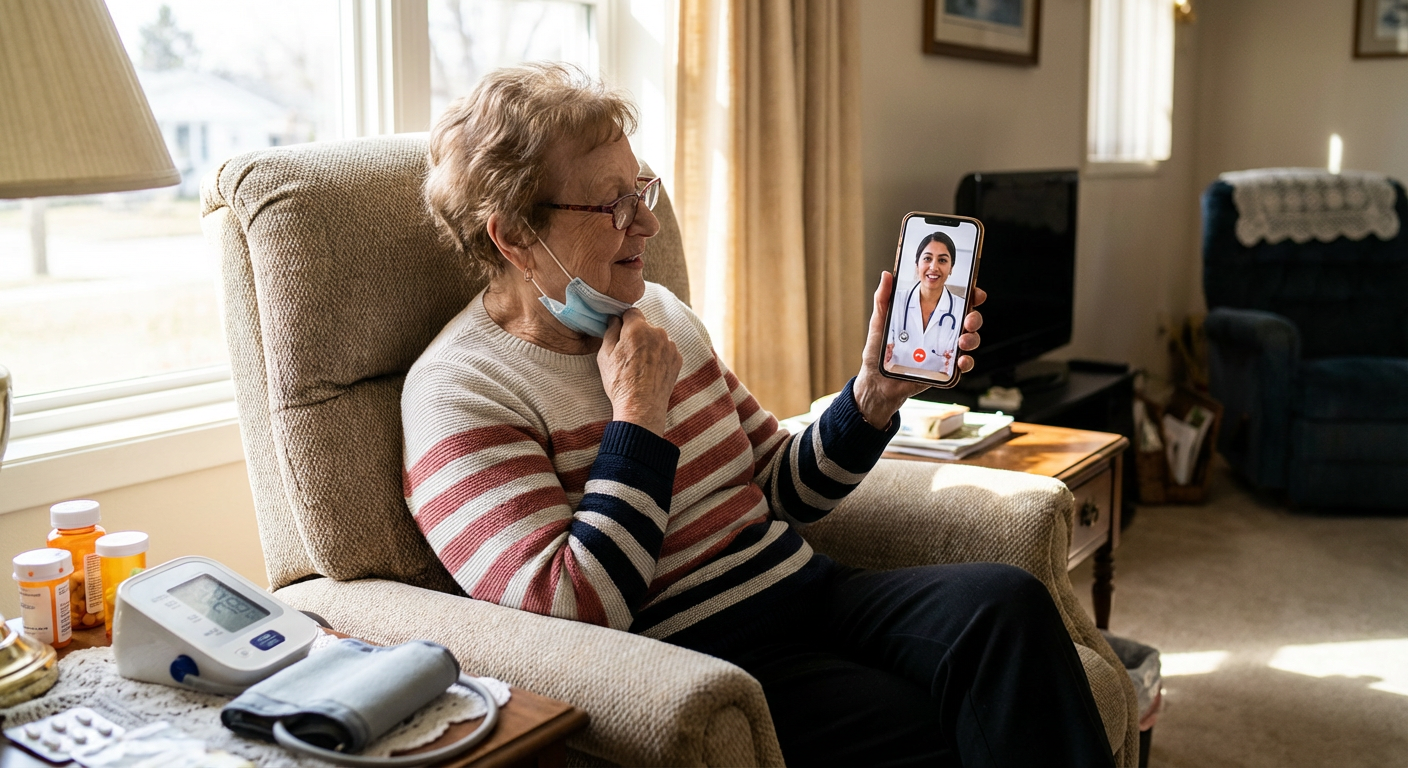 A patient using a mobile phone for a telehealth consultation with a doctor.