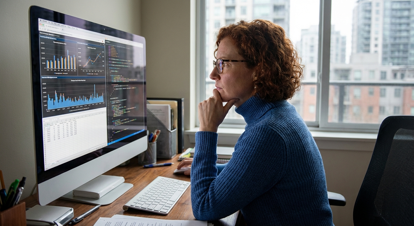 A person looking thoughtfully at data on a computer screen.