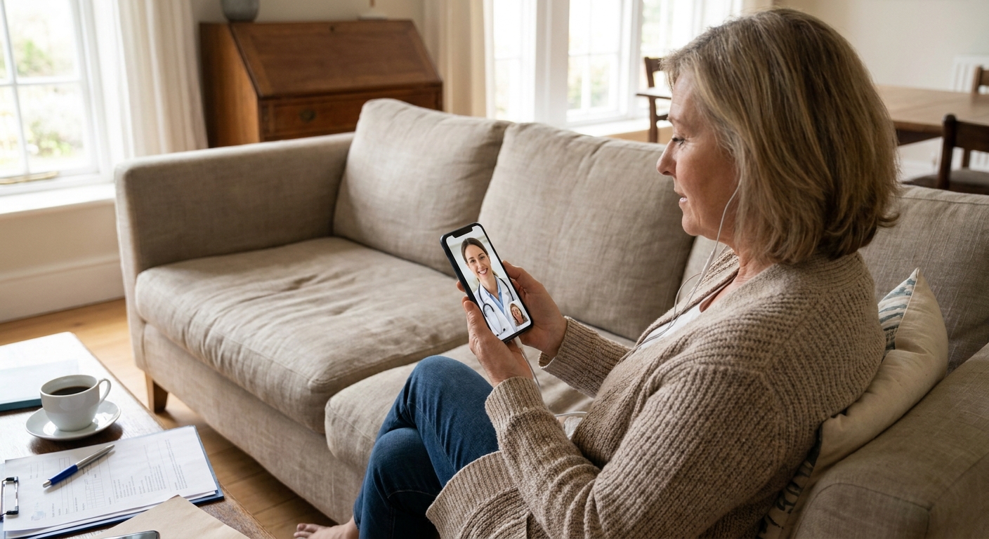 A person using a smartphone for a video consultation with a doctor.