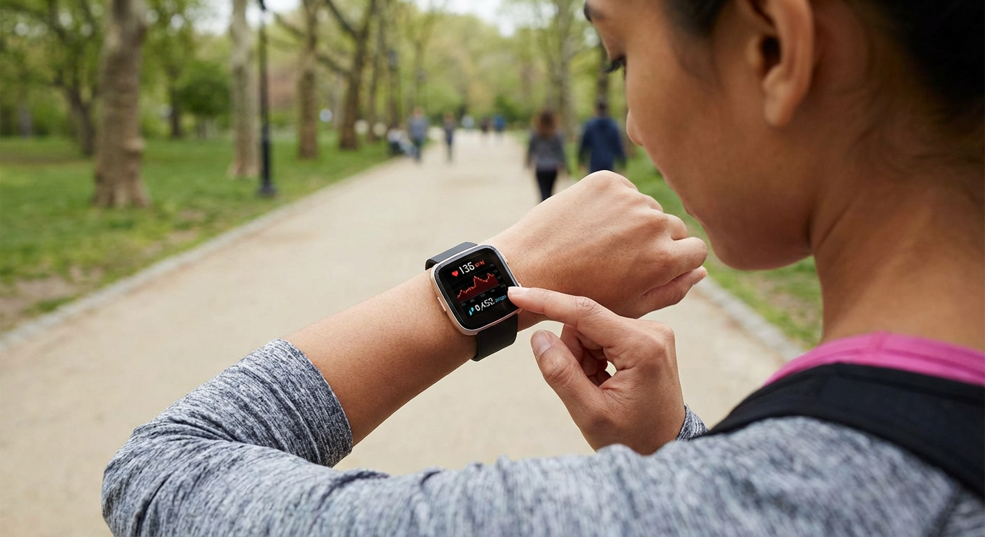A person using a smartwatch to check their health metrics like heart rate and steps.