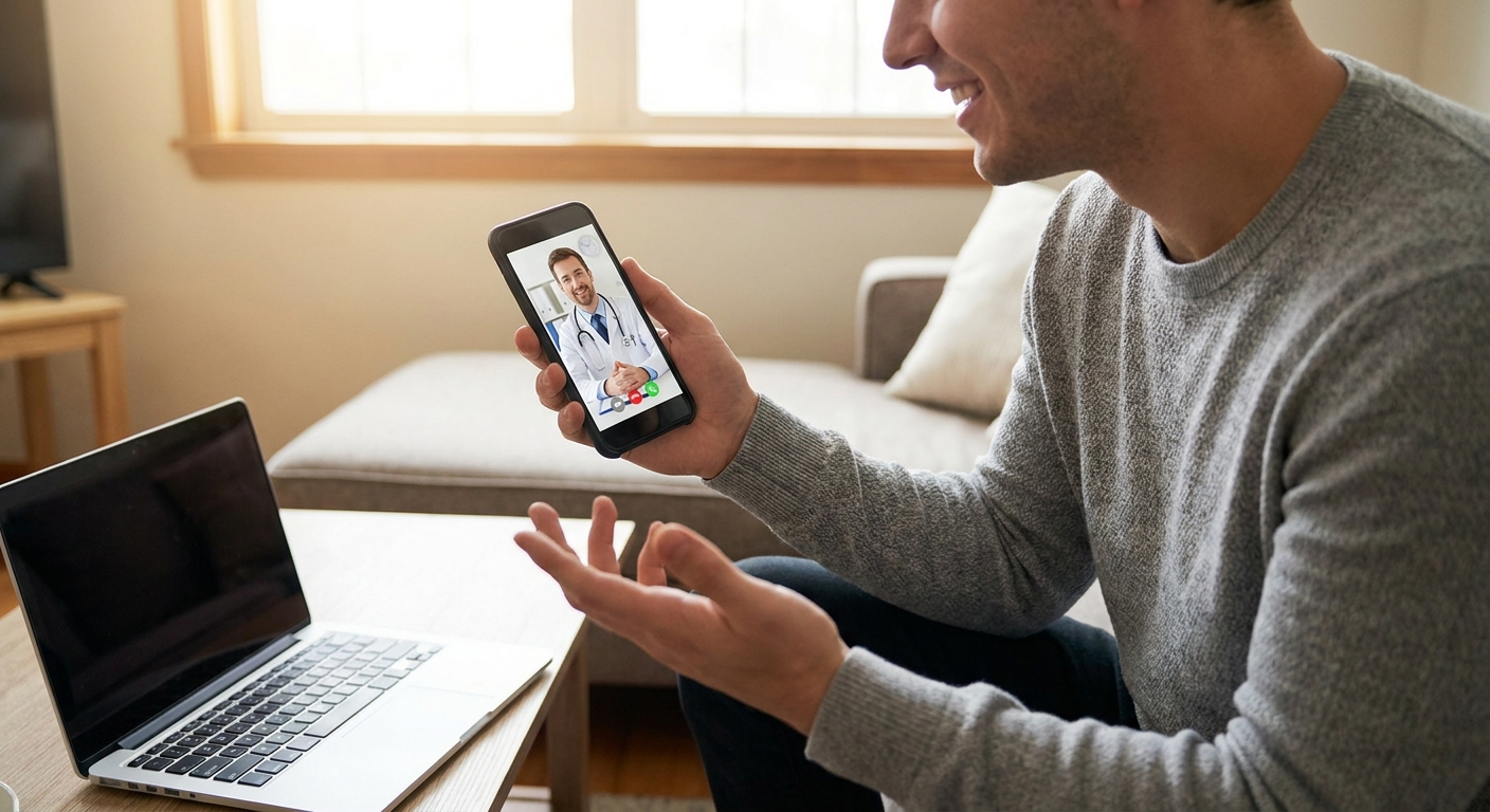 A person using a telehealth app on their smartphone to consult with a doctor.