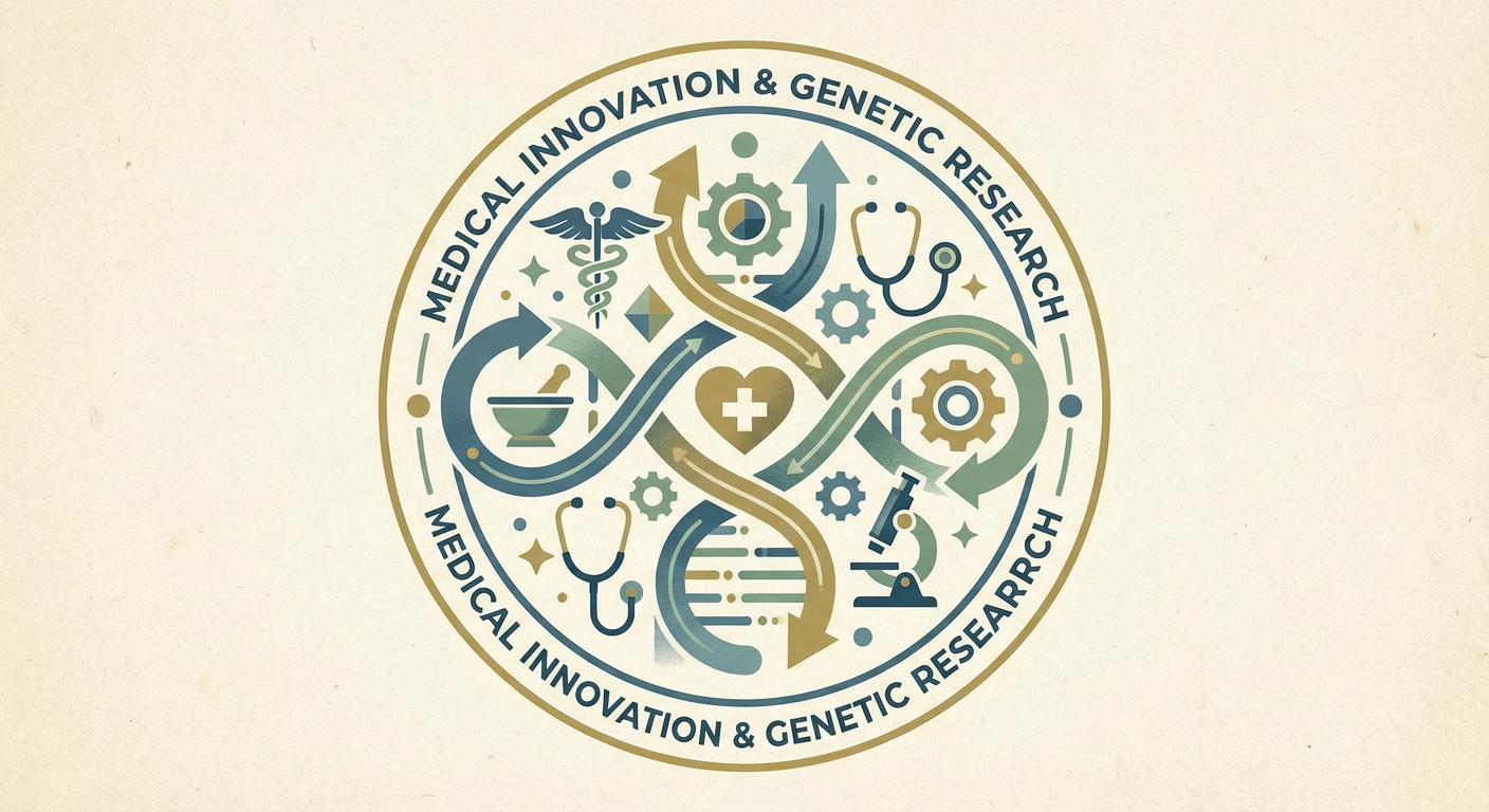 A stylised graphic of a DNA helix intertwined with medical symbols.
