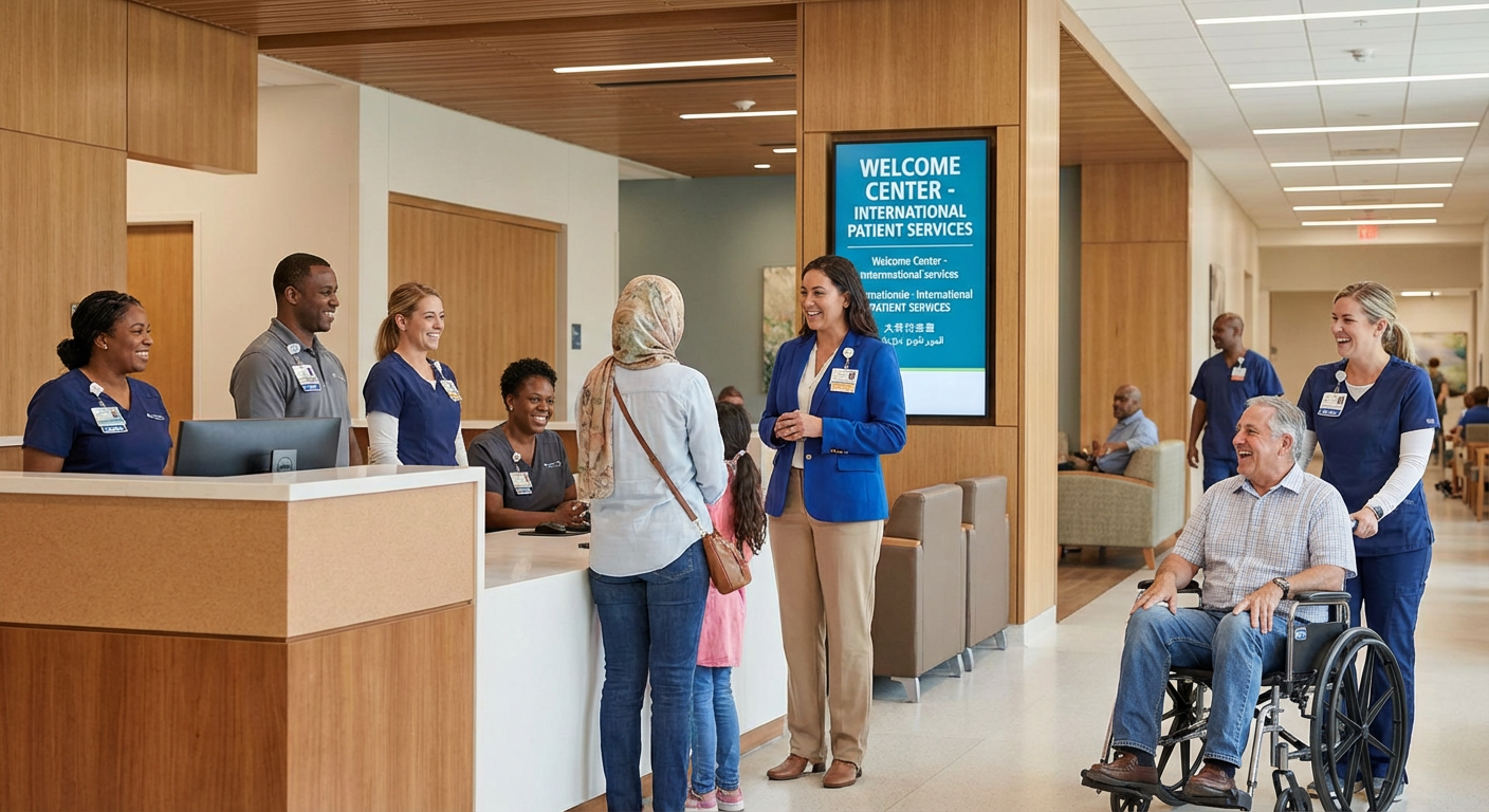 A welcoming hospital lobby with staff attending to international patients.