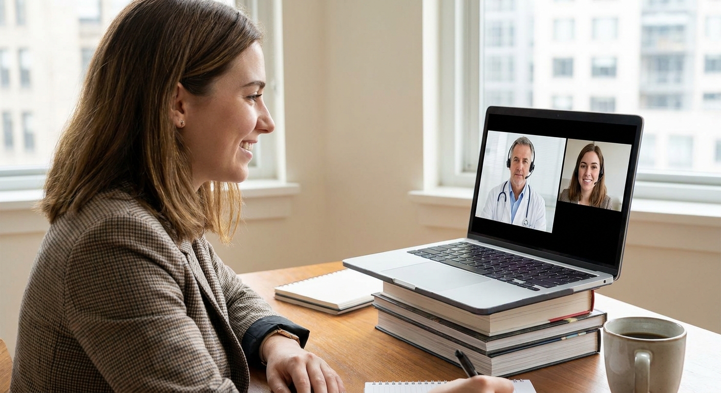 A young professional having a video consultation with her doctor on a laptop.