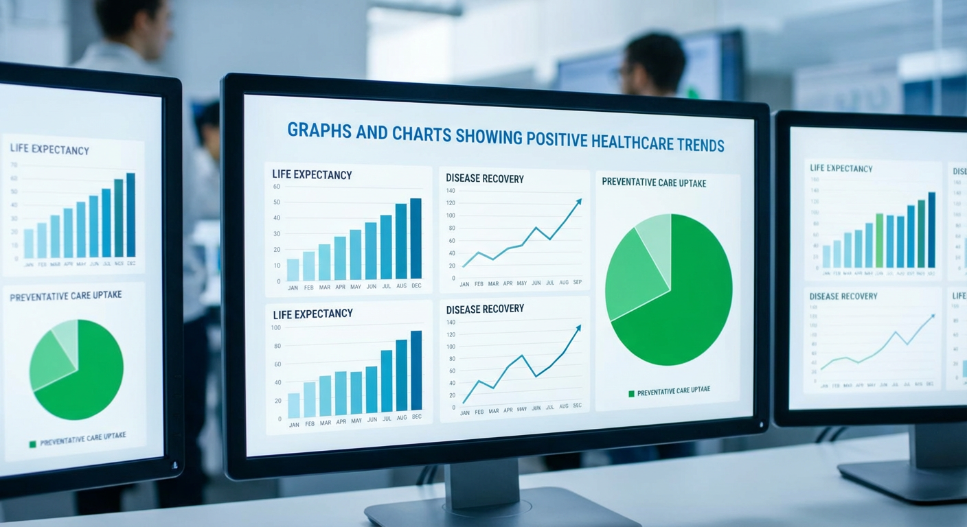 Graphs and charts showing positive healthcare trends.