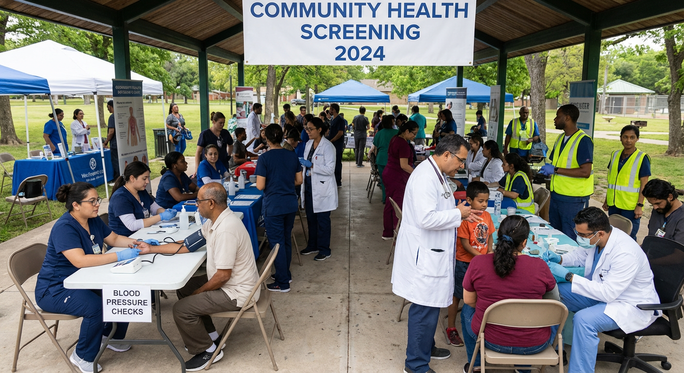 Healthcare professionals participating in a community health screening event.