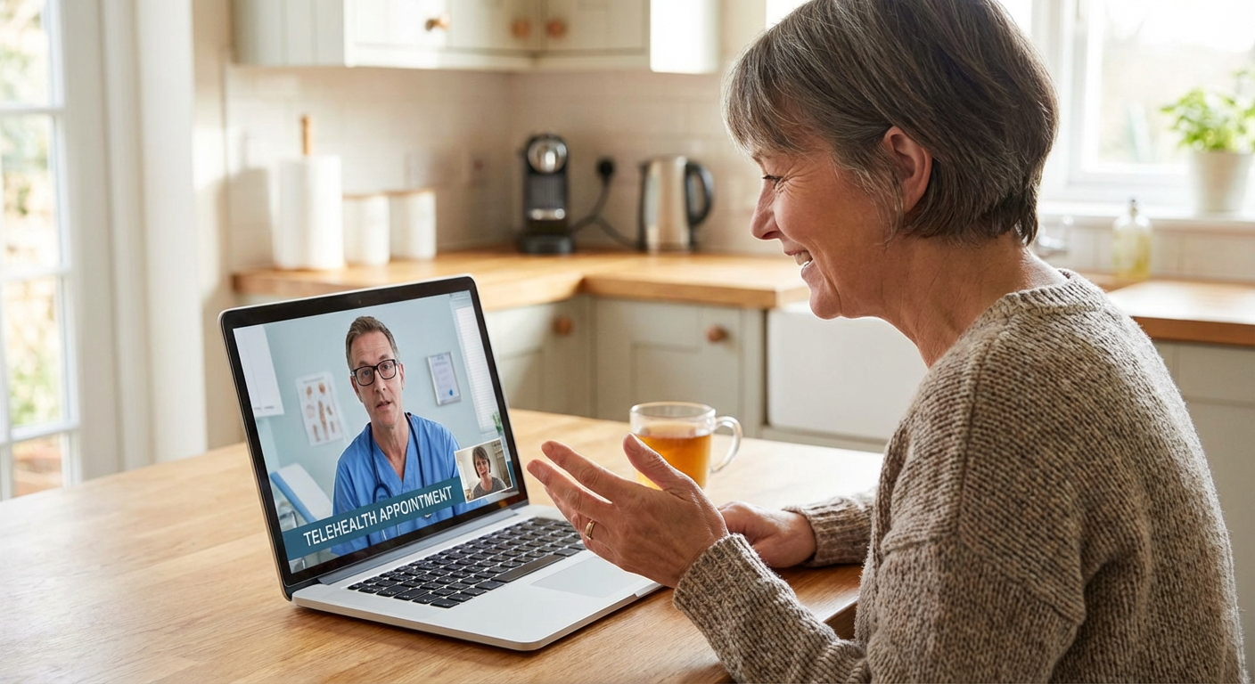 Patient consulting with a doctor via a telehealth video call on a laptop.