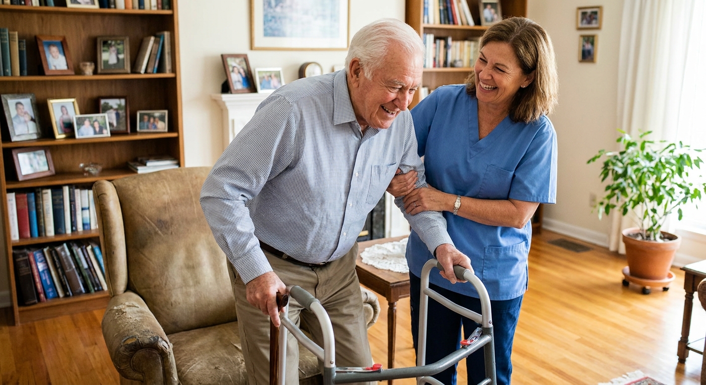 A caregiver assisting an elderly person at home.