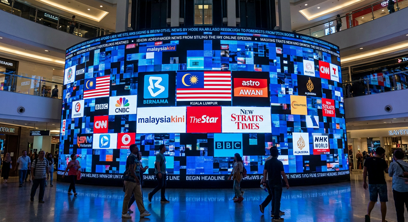 A collection of Malaysian and international news logos on a digital display.