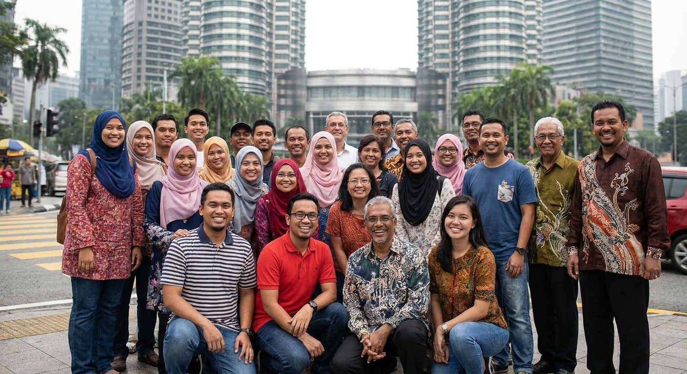 A diverse group of Malaysian citizens smiling.