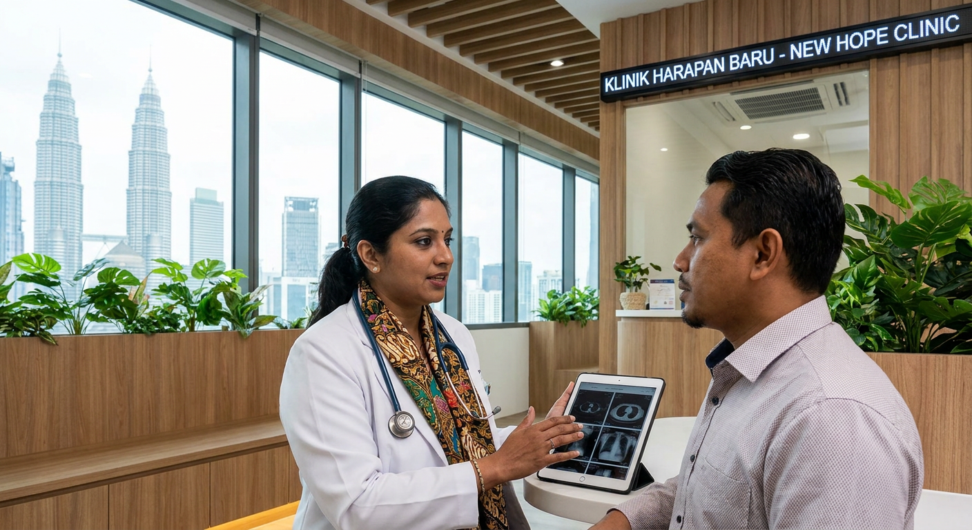 A doctor consulting with a patient in a modern Malaysian clinic.