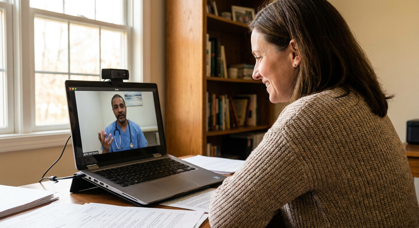 A doctor consulting with a patient via a video call on a laptop.